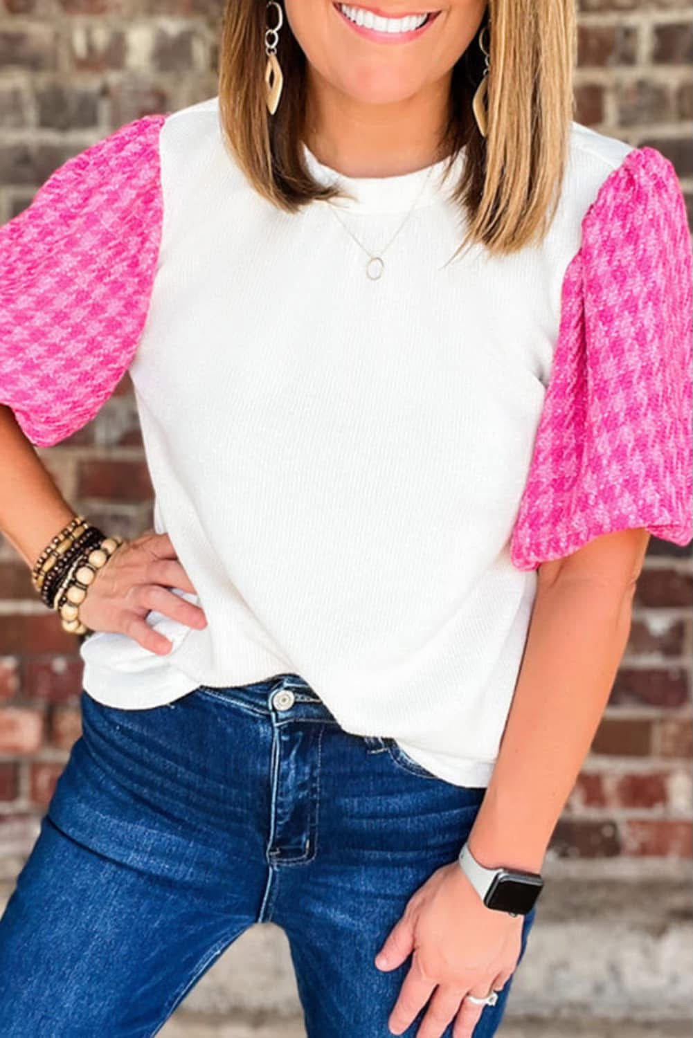 Houndstooth Puff Sleeve Pink and White Top