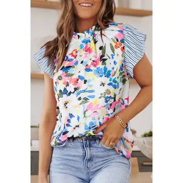 Floral Print Striped Sleeve Top