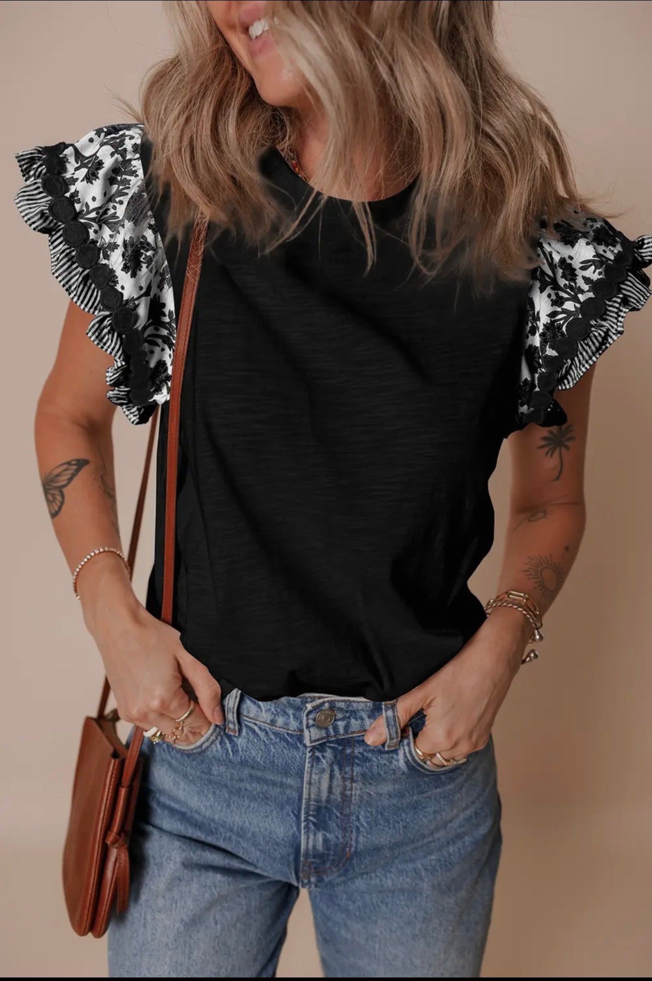 Flutter Sleeve Black and White Top