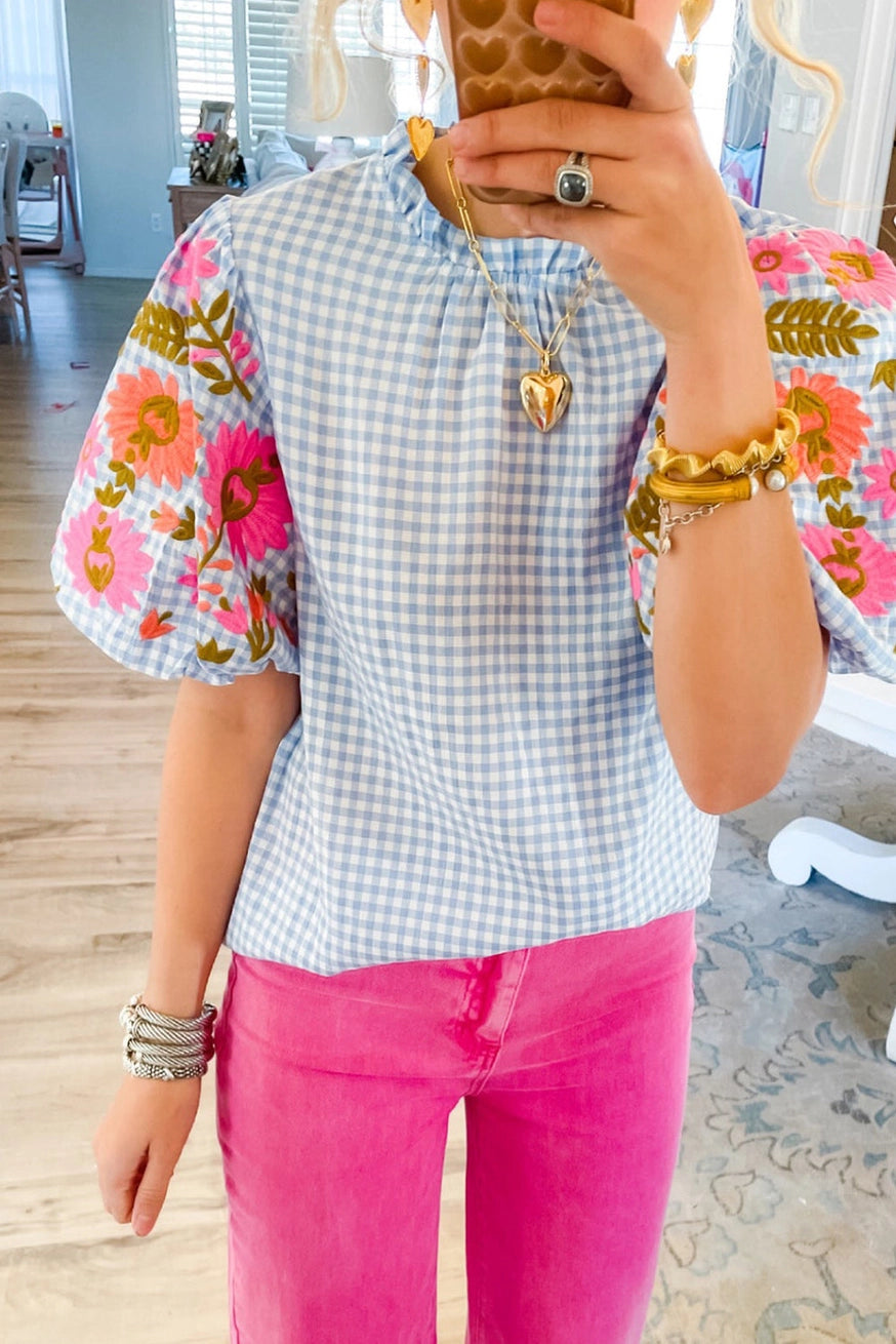 Gingham Floral Embroidered Puff Sleeve Blouse