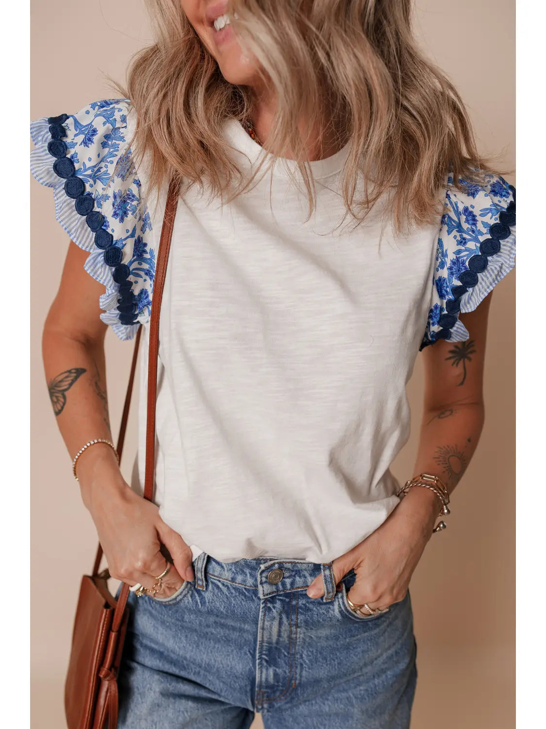 Blue and White Floral Flutter Sleeve Top