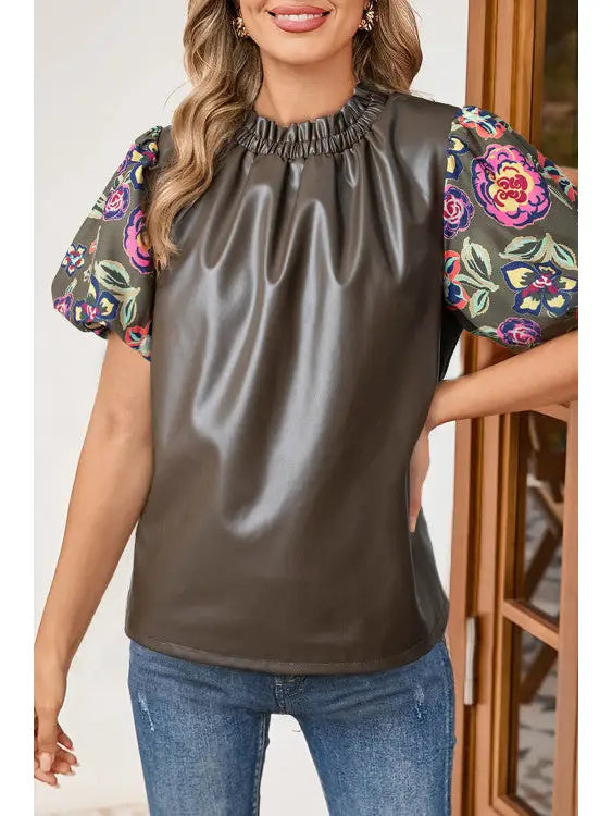 Floral Bubble Sleeve Leatherette Blouse