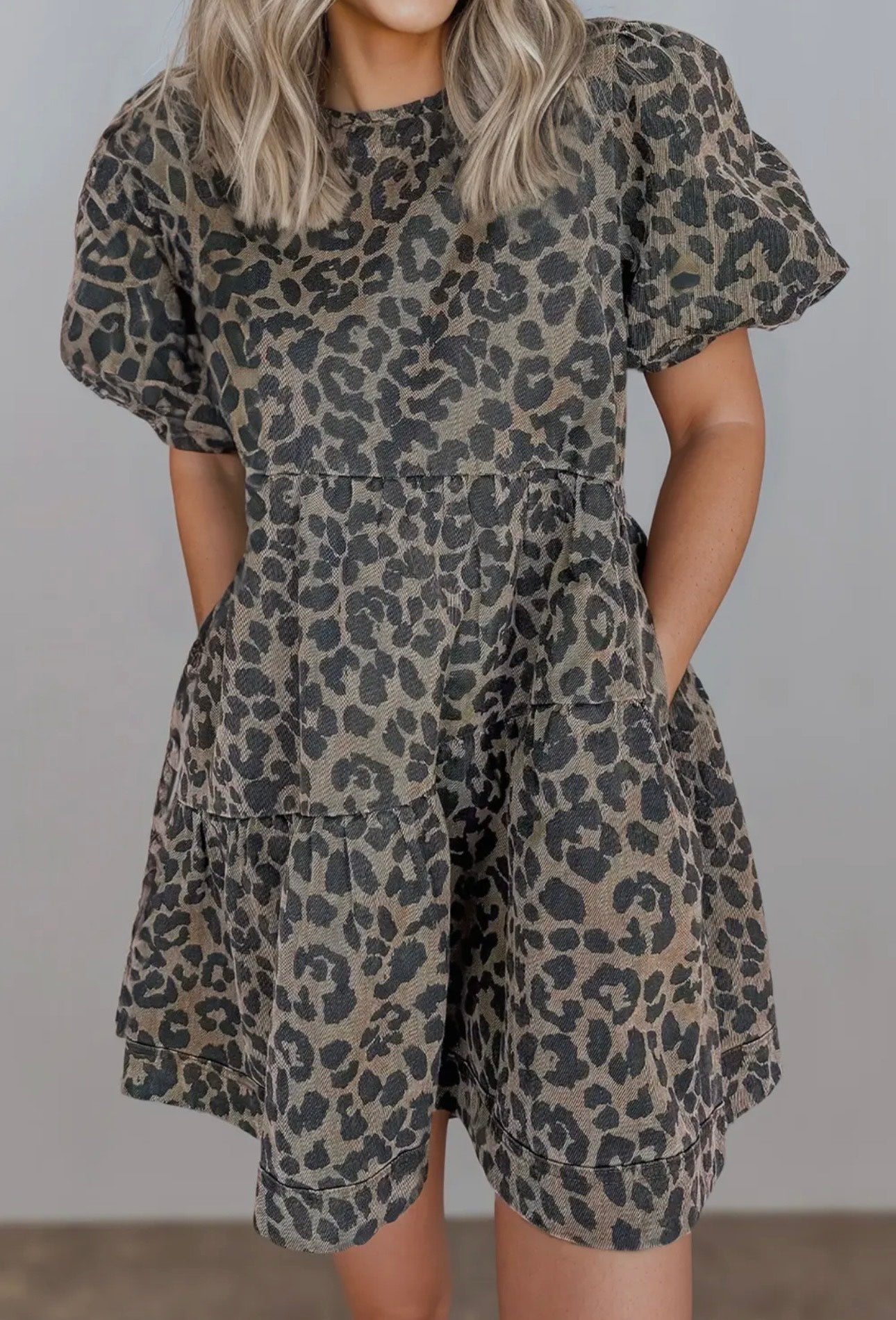 Leopard Print Denim Puff Sleeve Dress (With Pockets)