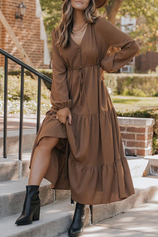 Chestnut Button Tiered Maxi Dress