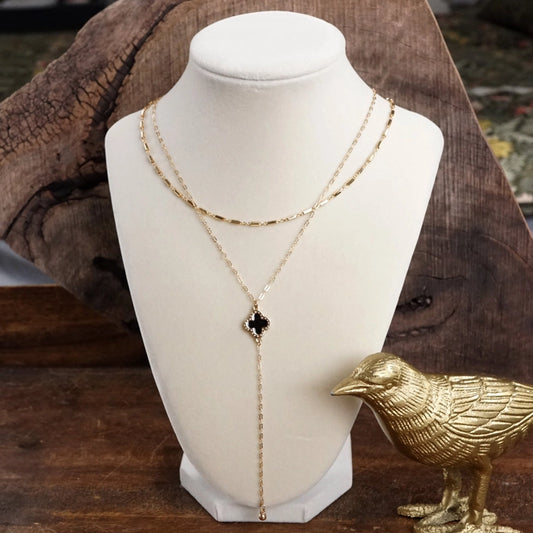 Clover Lariat Gold Layered Necklace- Black