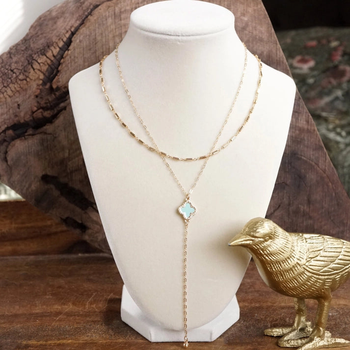 Clover Lariat Gold Layered Necklace- Mint