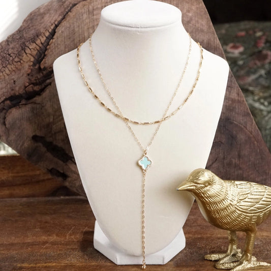 Clover Lariat Gold Layered Necklace- Mint
