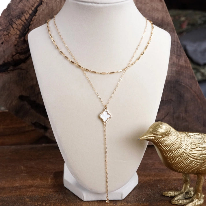Clover Lariat Gold Layered Necklace- White