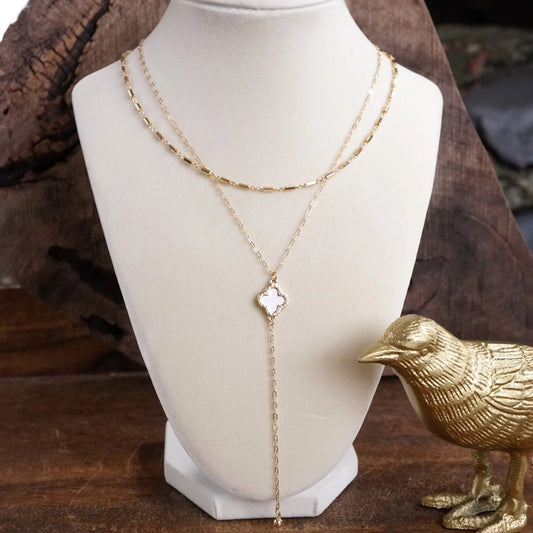 Clover Lariat Gold Layered Necklace- White