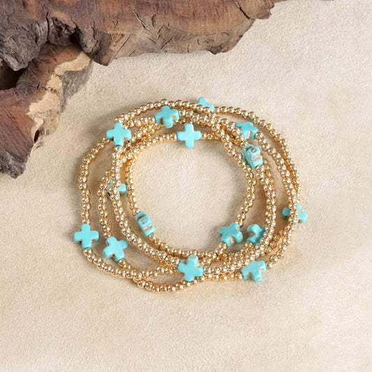 Mini Stone Cross Gold and Turquoise Stack