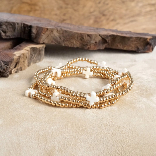 Mini Stone Cross Gold and White Stack