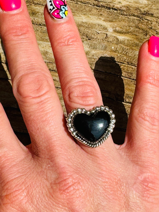 With All My Love Single Stone Heart Sterling Silver Ring- Black Onyx