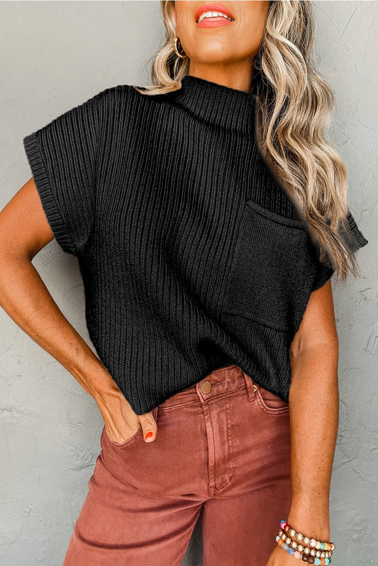Ribbed Pocketed Short Sleeve Sweater- Black