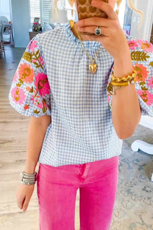 Gingham Floral Embroidered Puff Sleeve Blouse
