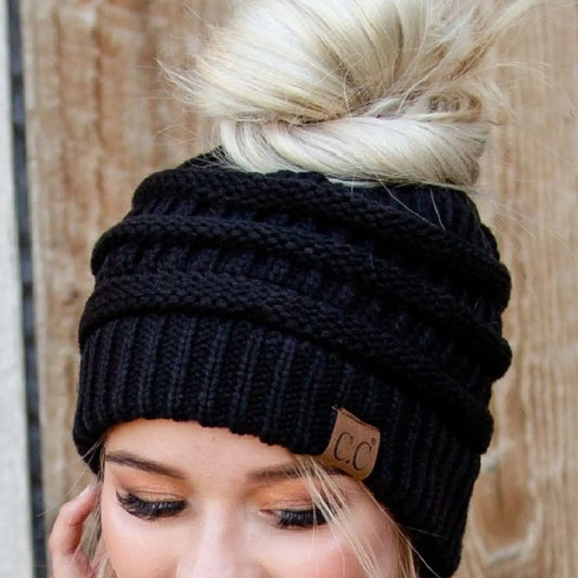 CC Messy Bun Beanie- Black