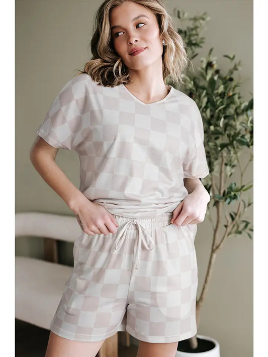 Checkered Beige V Neck Top and Shorts Set