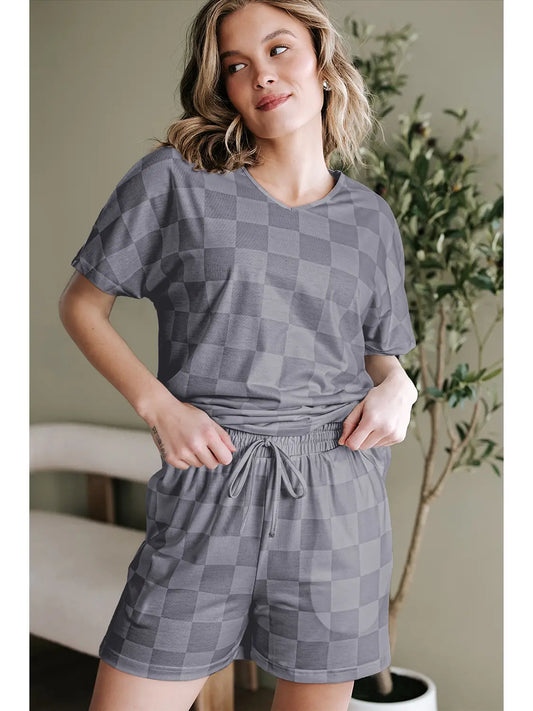Checkered Black/Grey V Neck and Shorts Set