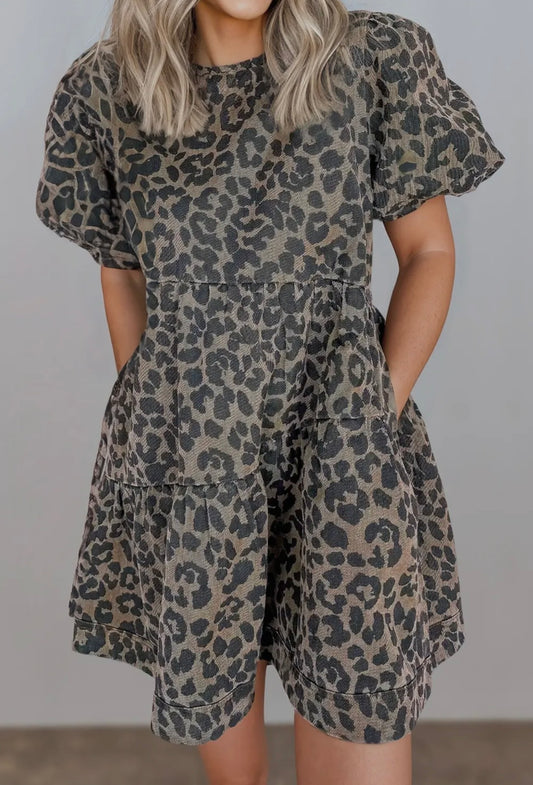 Leopard Print Denim Puff Sleeve Dress (With Pockets)
