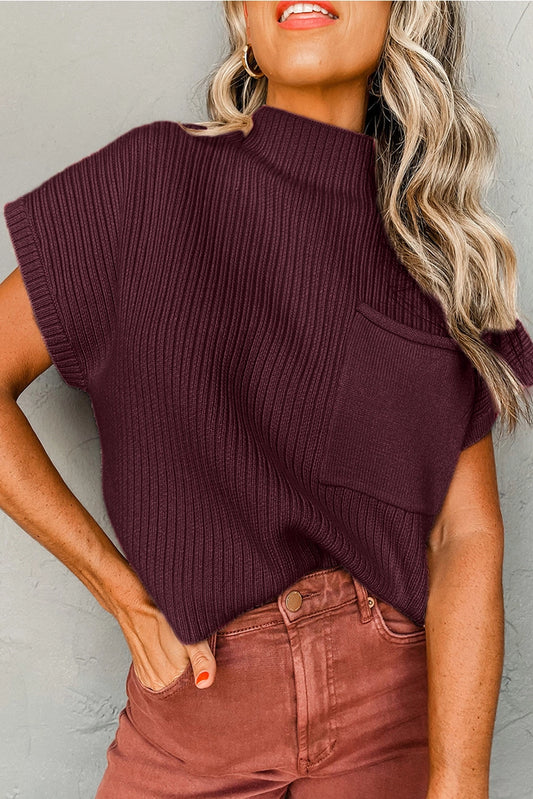 Ribbed Pocketed Short Sleeve Sweater- Maroon