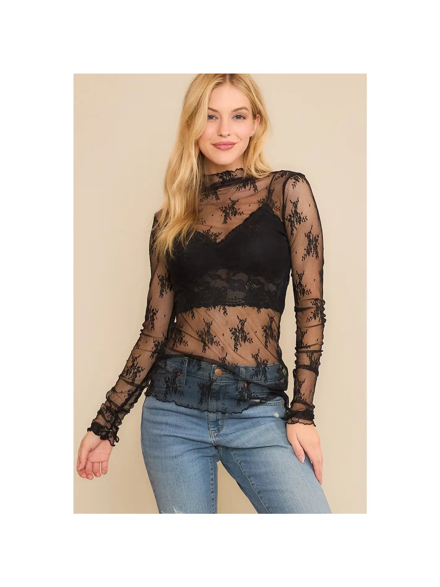 Lace Mesh Long Sleeve Top- Black