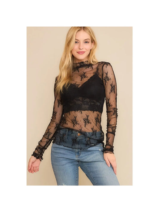 Lace Mesh Long Sleeve Top- Black