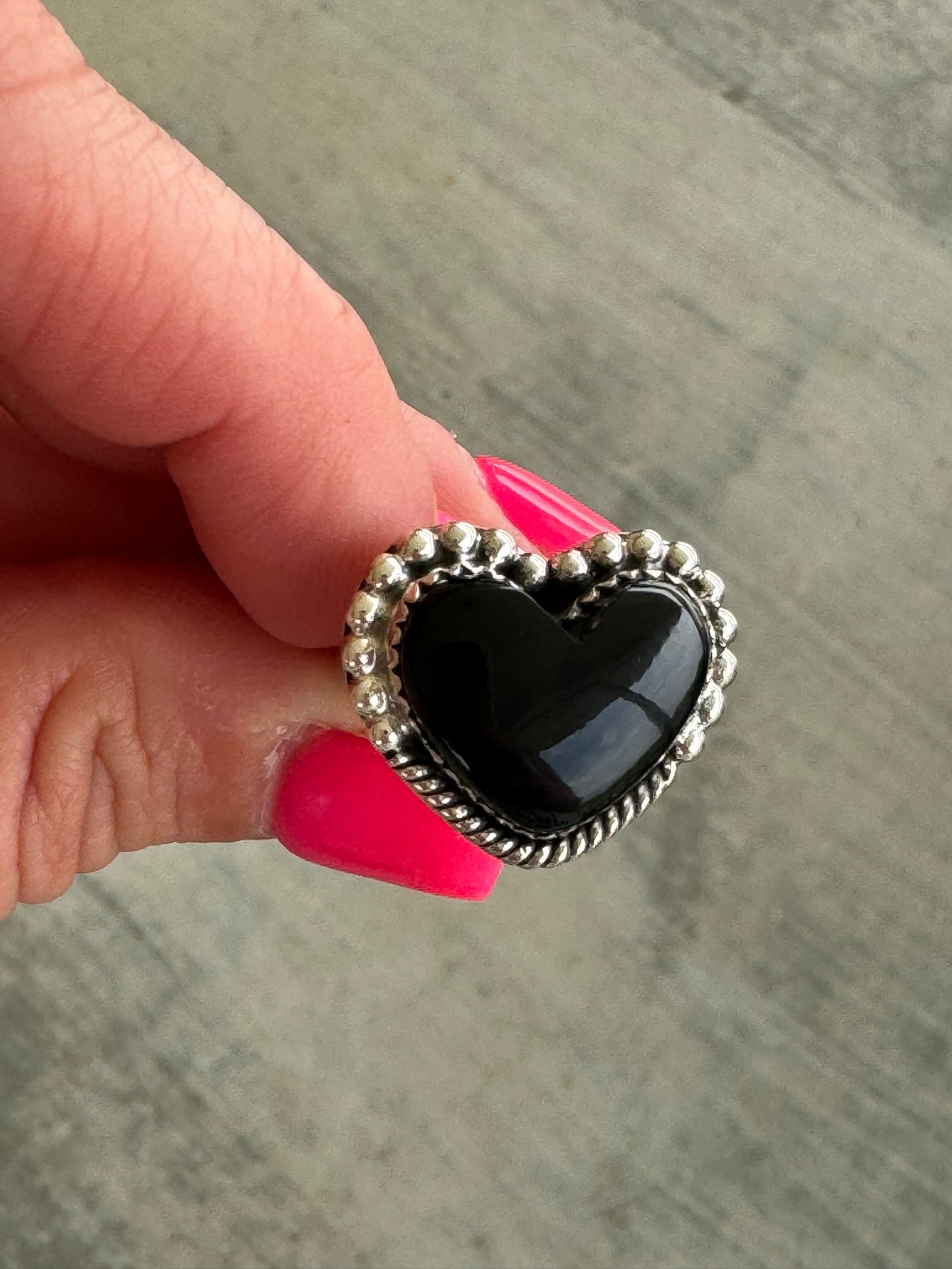 With All My Love Single Stone Heart Sterling Silver Ring- Black Onyx