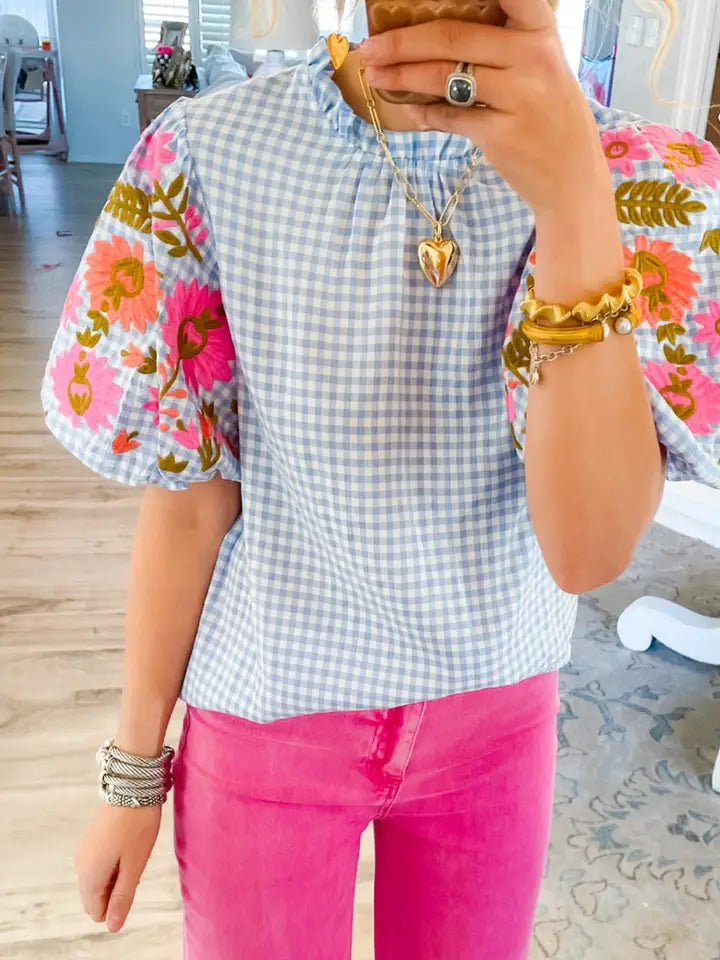 Pretty in Gingham Blue Puff Sleeve Blouse